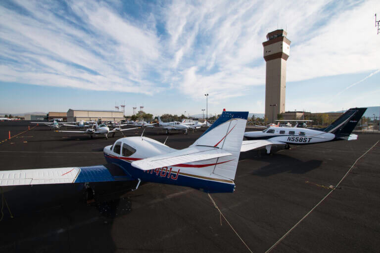 General aviation planes on airfield.