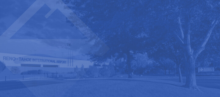 Reno-Tahoe International Airport exterior. Image is overlayed with blue and Reno-Tahoe International Airport logo diamond.