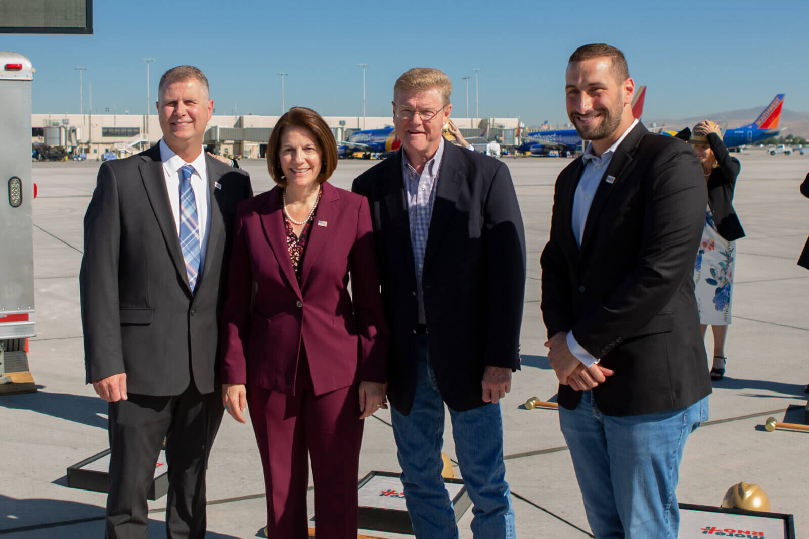 Reno-Tahoe Airport Authority President/CEO Daren Griffin and Trustee Adam Kramer joined by U.S. Senator Catherine Cortez Masto and U.S. Congressman Mark Amodei on the airfield.