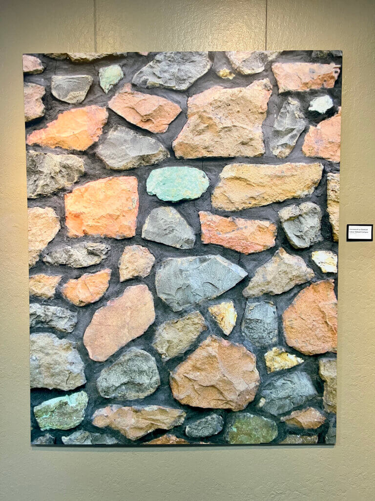 Exhibition piece from Stewart Indian School with colorful rock pattern.