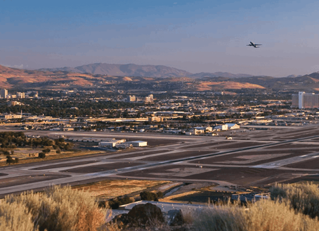 RNO runway and Reno skyline.
