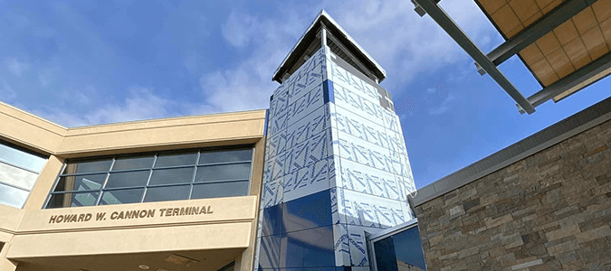 Elevator Tower with vibrant blue paneling