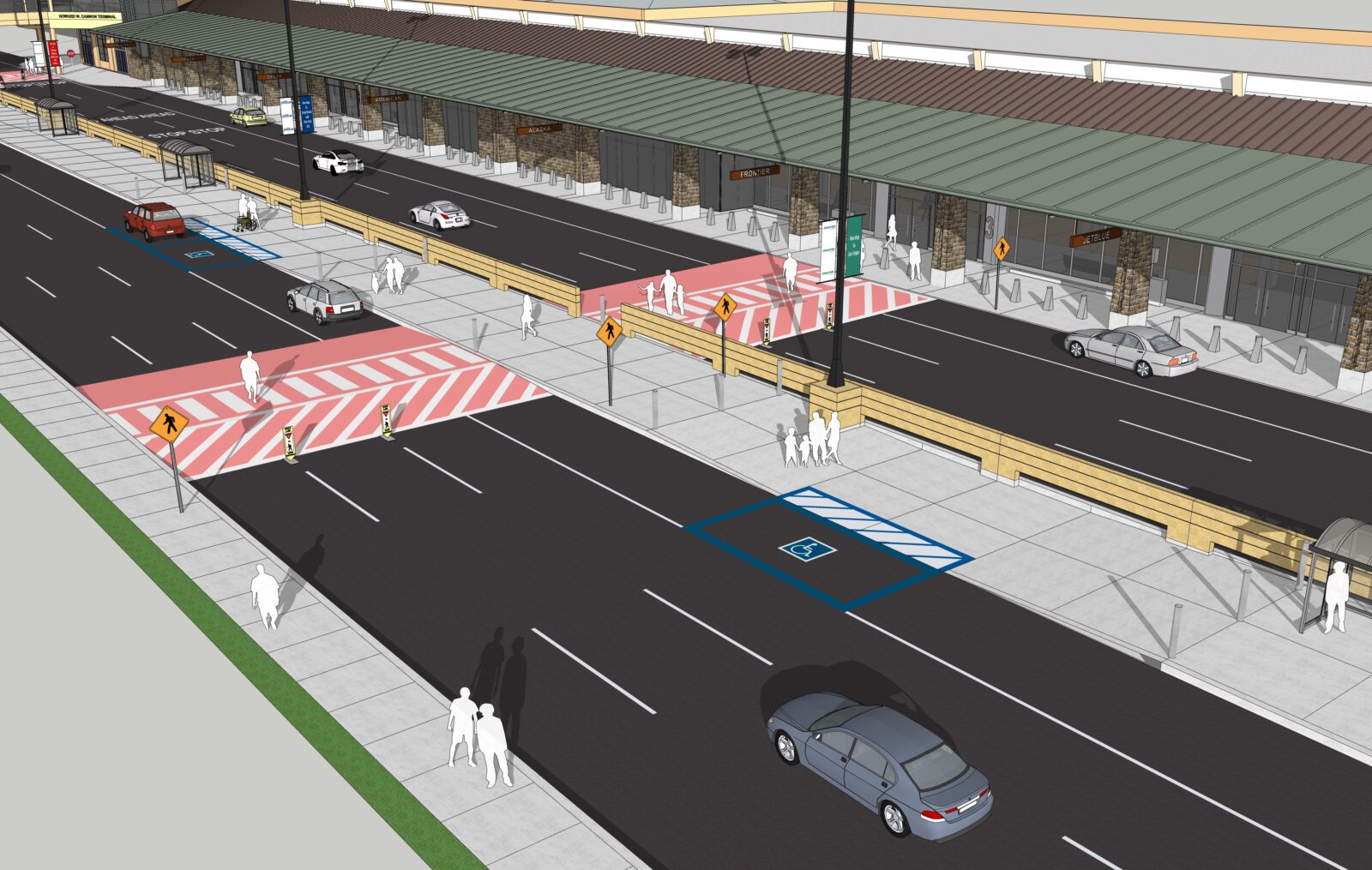 Rendering of curbside pickup area outside baggage claim.