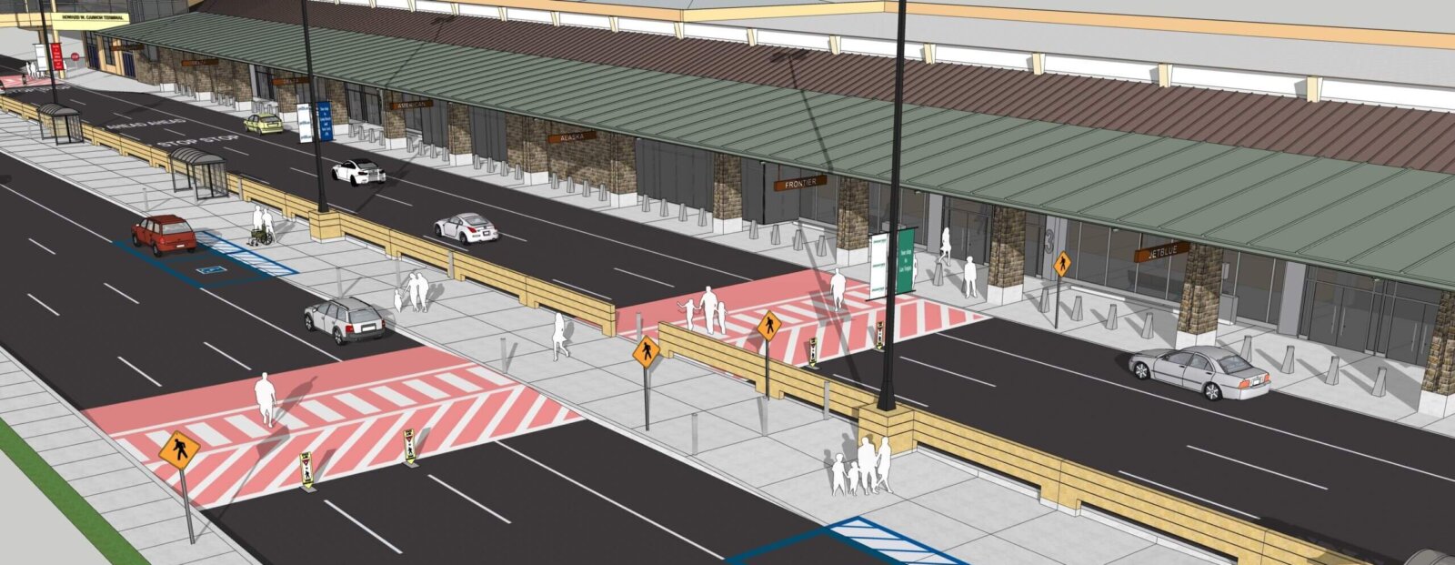 Rendering of curbside pickup area outside baggage claim.