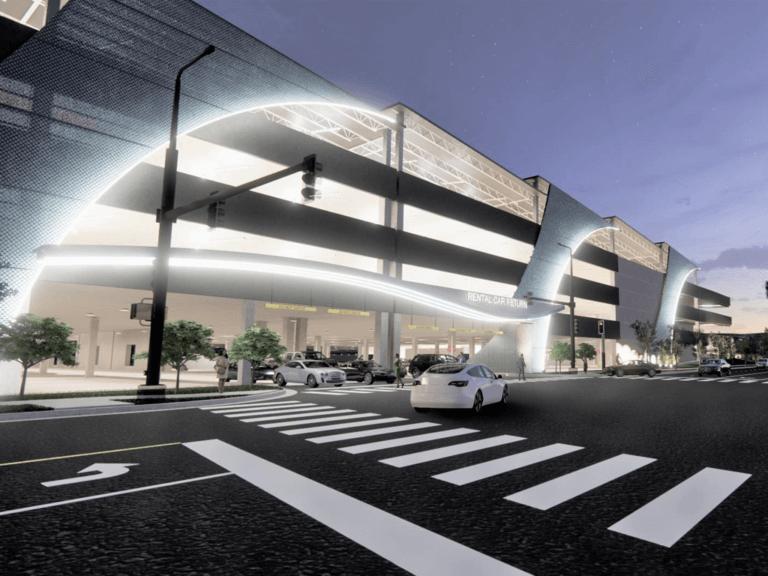 Ground Transportation center rendering with lighted Rental Car Return area.