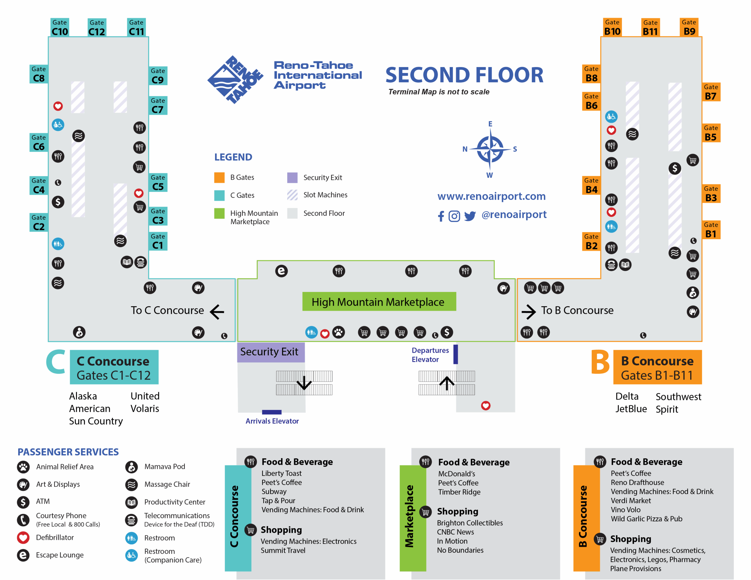 Reno-Tahoe International Airport second floor Terminal Map