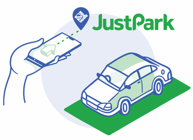 Graphic with hand holding phone and a parked car