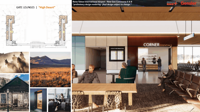 Rendering of the concourse gate lounges with high desert imagery inspiration