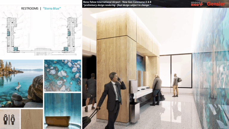 Rendering of the concourse restrooms with Lake Tahoe imagery inspiration