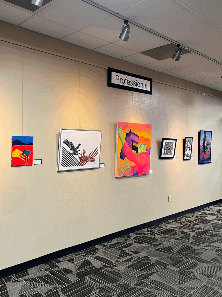 Art gallery photo with label "professional" above artworks