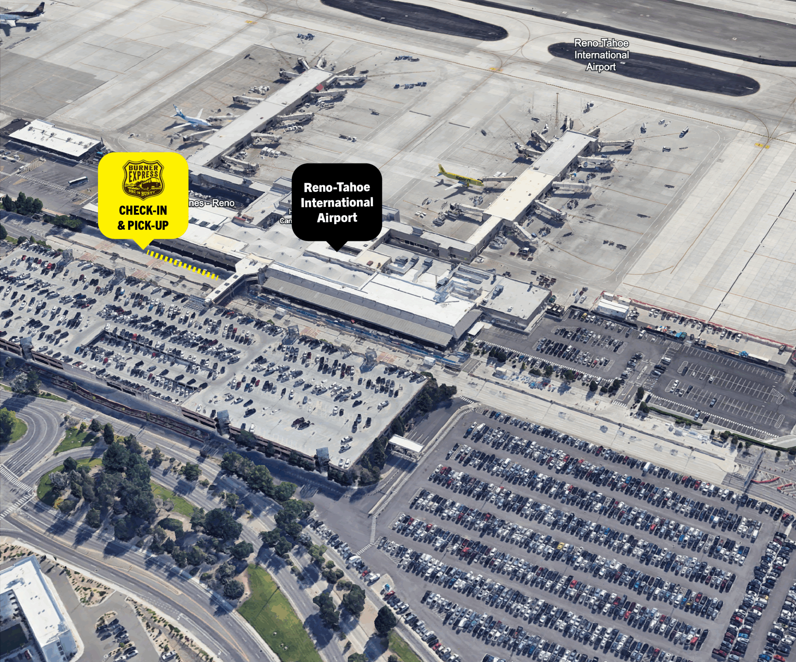 Aerial map of airport with Burner Express Bus location outside Baggage Claim.