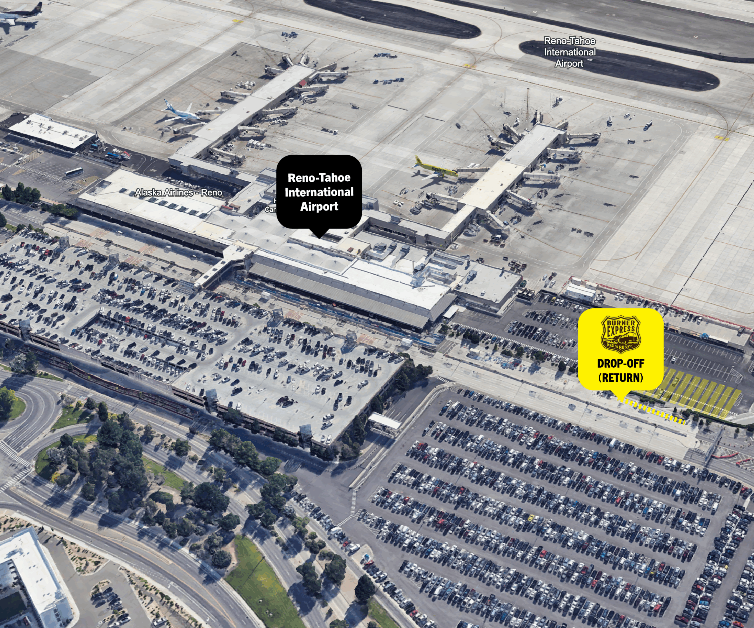 Aerial map of airport with Burner Express Bus location at south end of ticketing curb