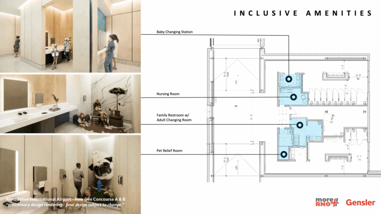 Rendering of restroom layout in new concourse showing new amenities like nursing and pet relief rooms.