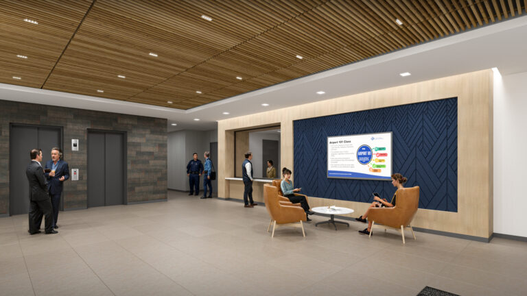 Rendering of the HQ building entrance showing reception area and elevators