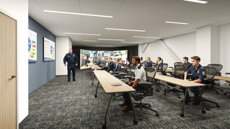Rendering of police training room showing tables and chairs in a classroom style configuration