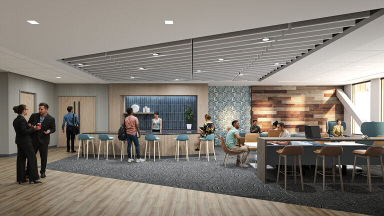 Rendering of the social space showing lounging and meeting areas