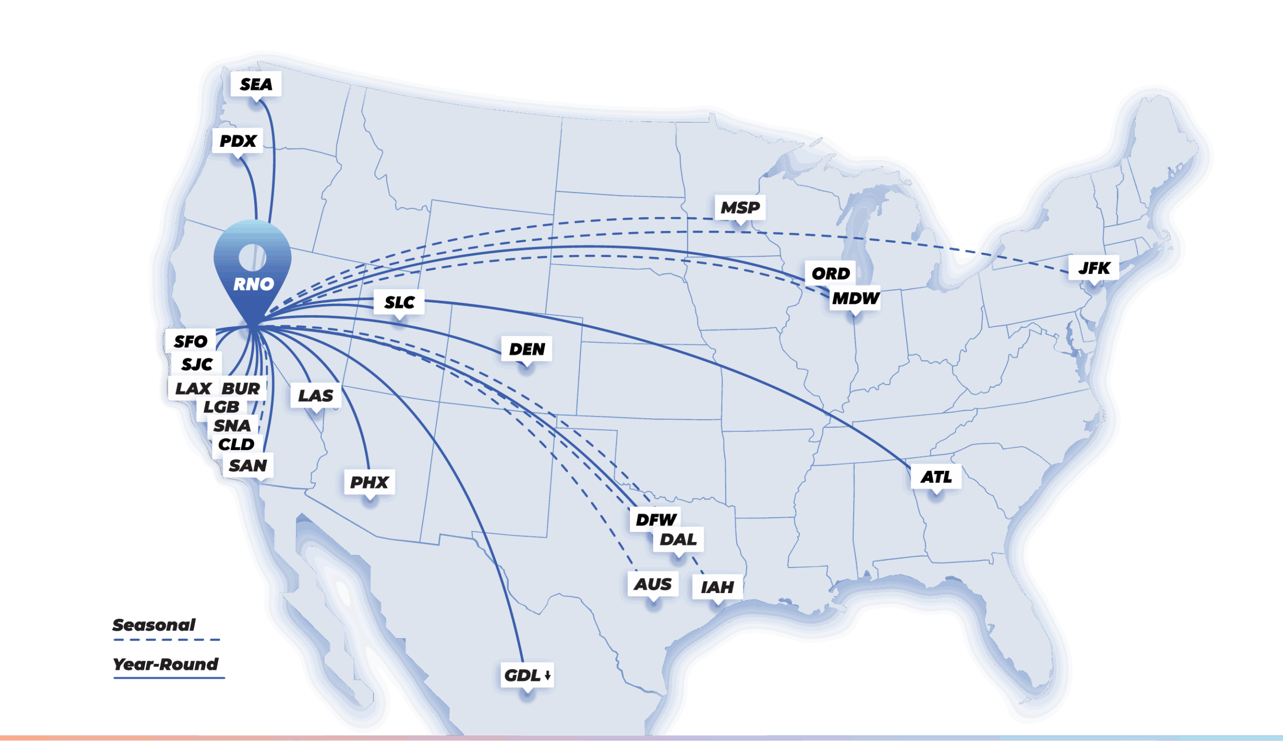 Map of destinations with all flights originating in Reno and branching out to US and Mexico