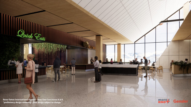 Rendering of A Concourse corner bend featuring seating and concessions area