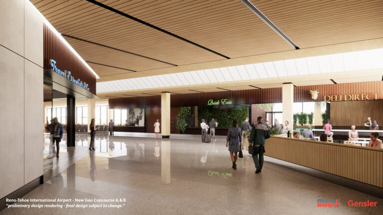 Rendering of concourse corner bend showing concessions and searing area
