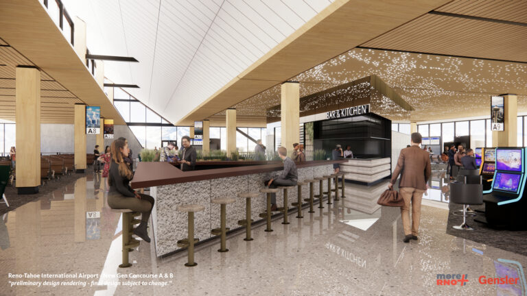 Rendering of concourse end cap with large and open areas with concessions and gaming