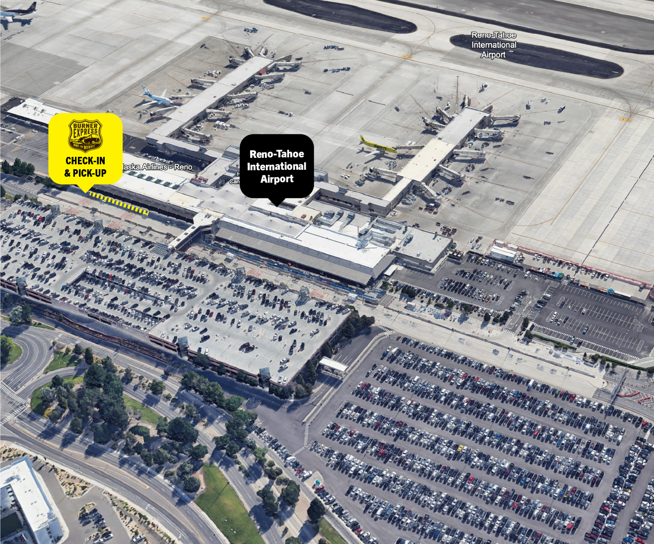 Aerial map of airport with Burner Express Bus location outside Baggage Claim.