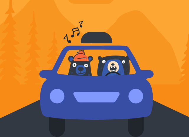 Illustration of two black bears in a car