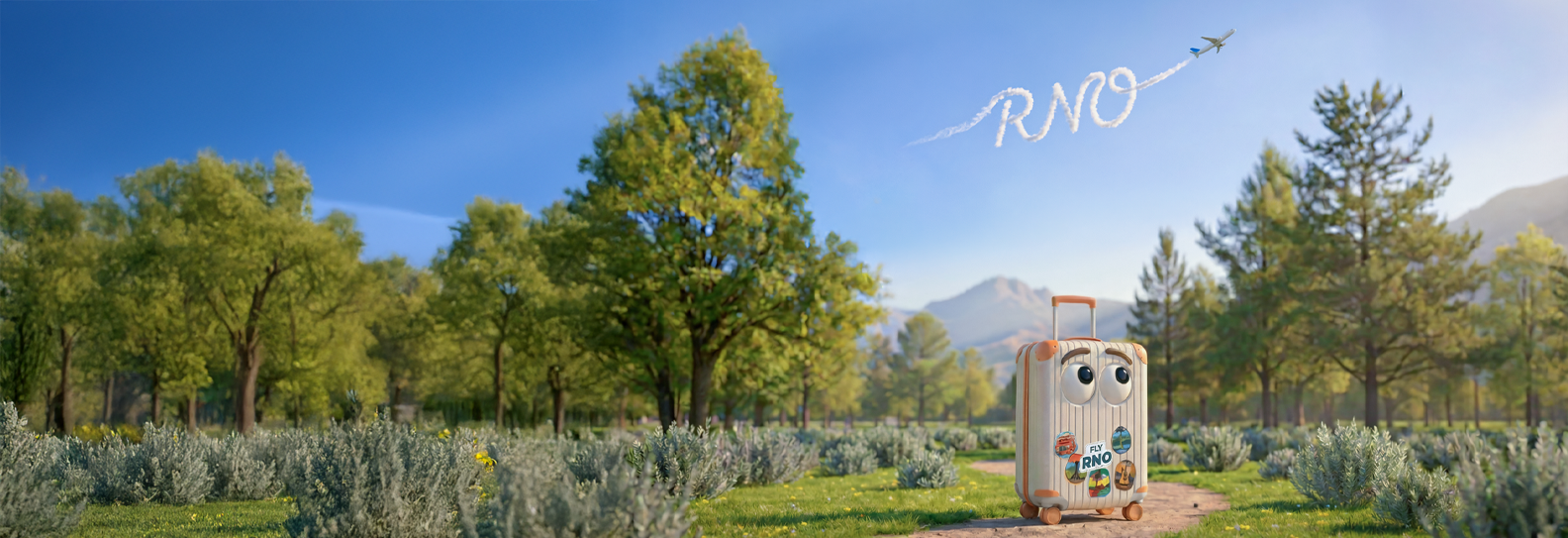 Ai generated image of suitcase in a Nevada inspired landscape with airplane and clouds that read RNO.