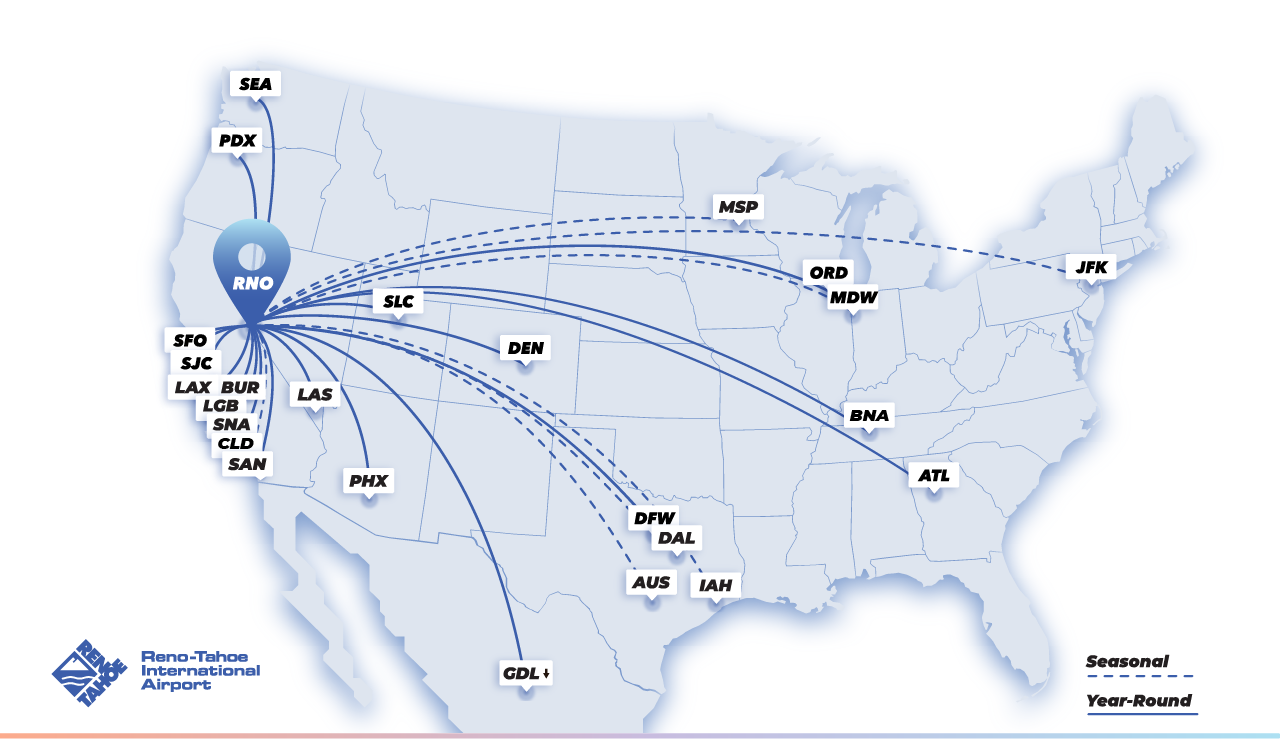 Nonstop destinations route map for RNO