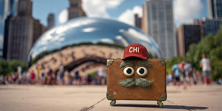 AI generated image of suitcase in Chicago inspired scene