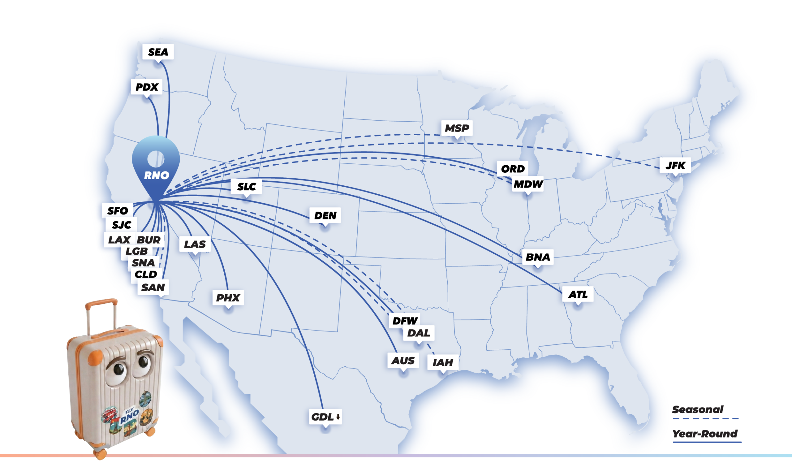 Nonstop destinations route map for RNO
