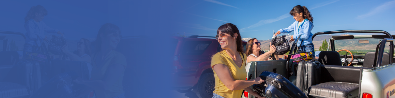 Two women and child unloading luggage from car.
