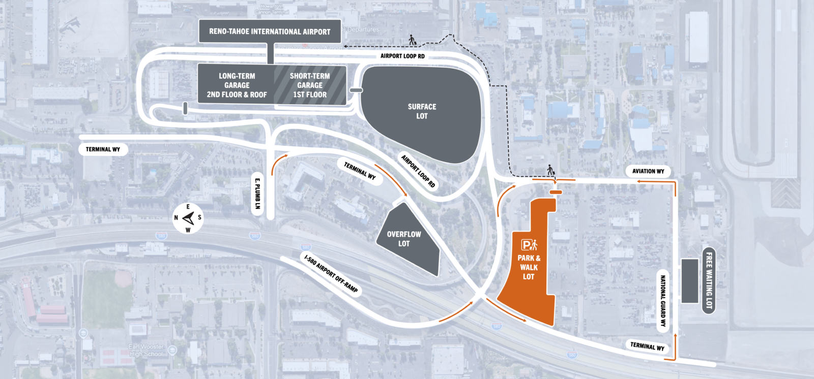 Aerial view map of the Park & Walk Lot option at RNO