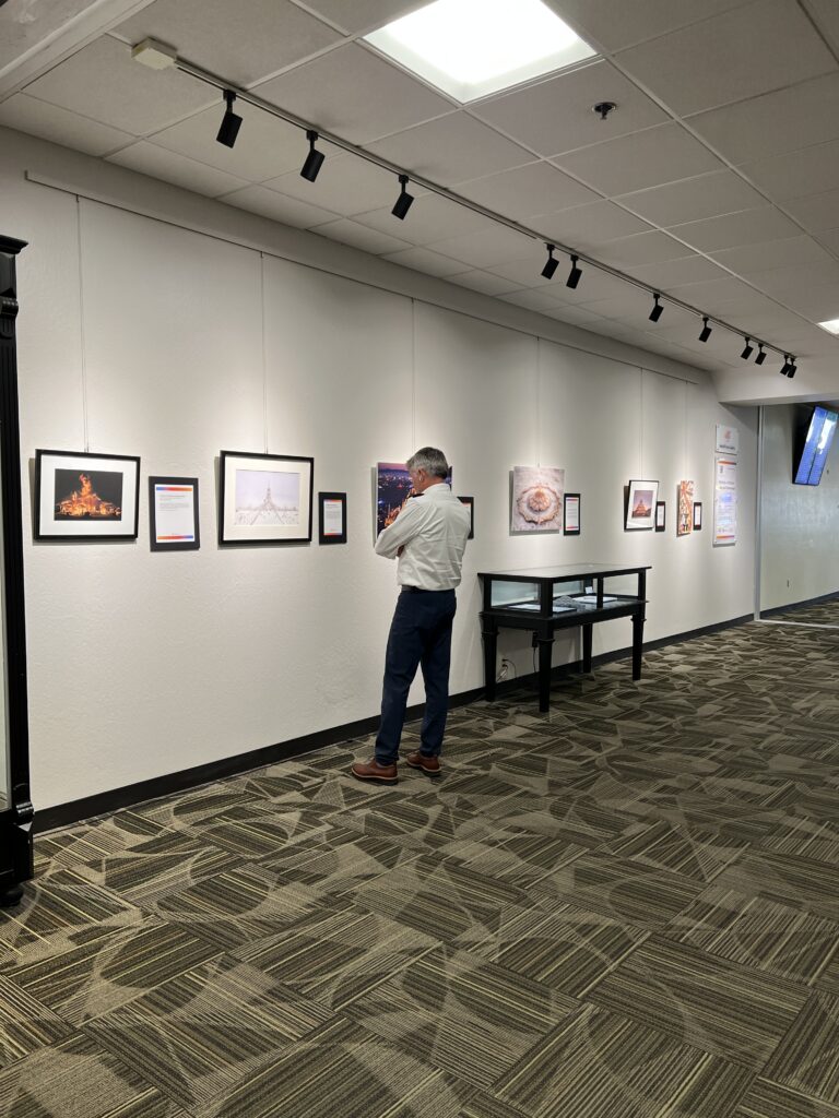 Man looking at artwork on wall containing temple statues