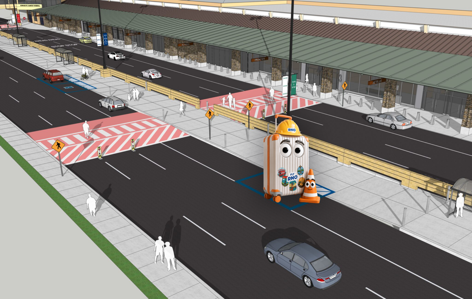 General curbside rendering with character suitcase with construction zone