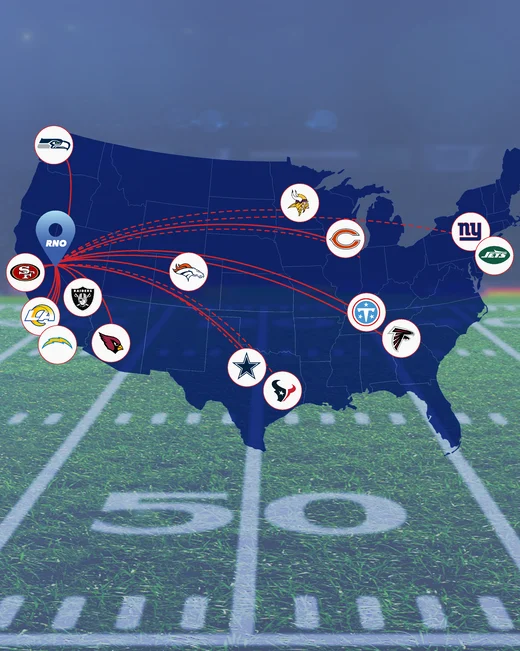 Map of RNO nonstop flight routes to NFL team cities